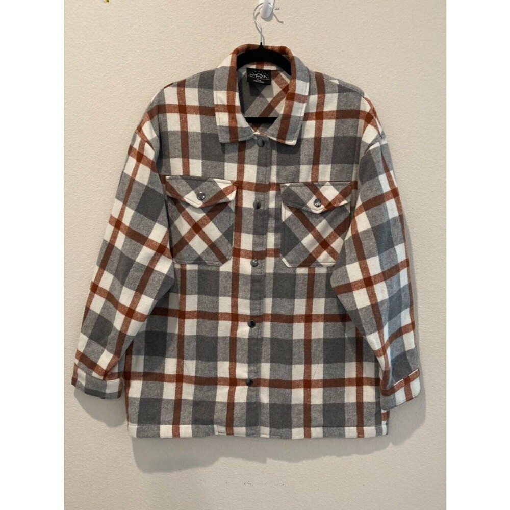 ✨ HFX Gray Brown Plaid Flannel Fleece Shacket Shirt Jacket - Size M/M
